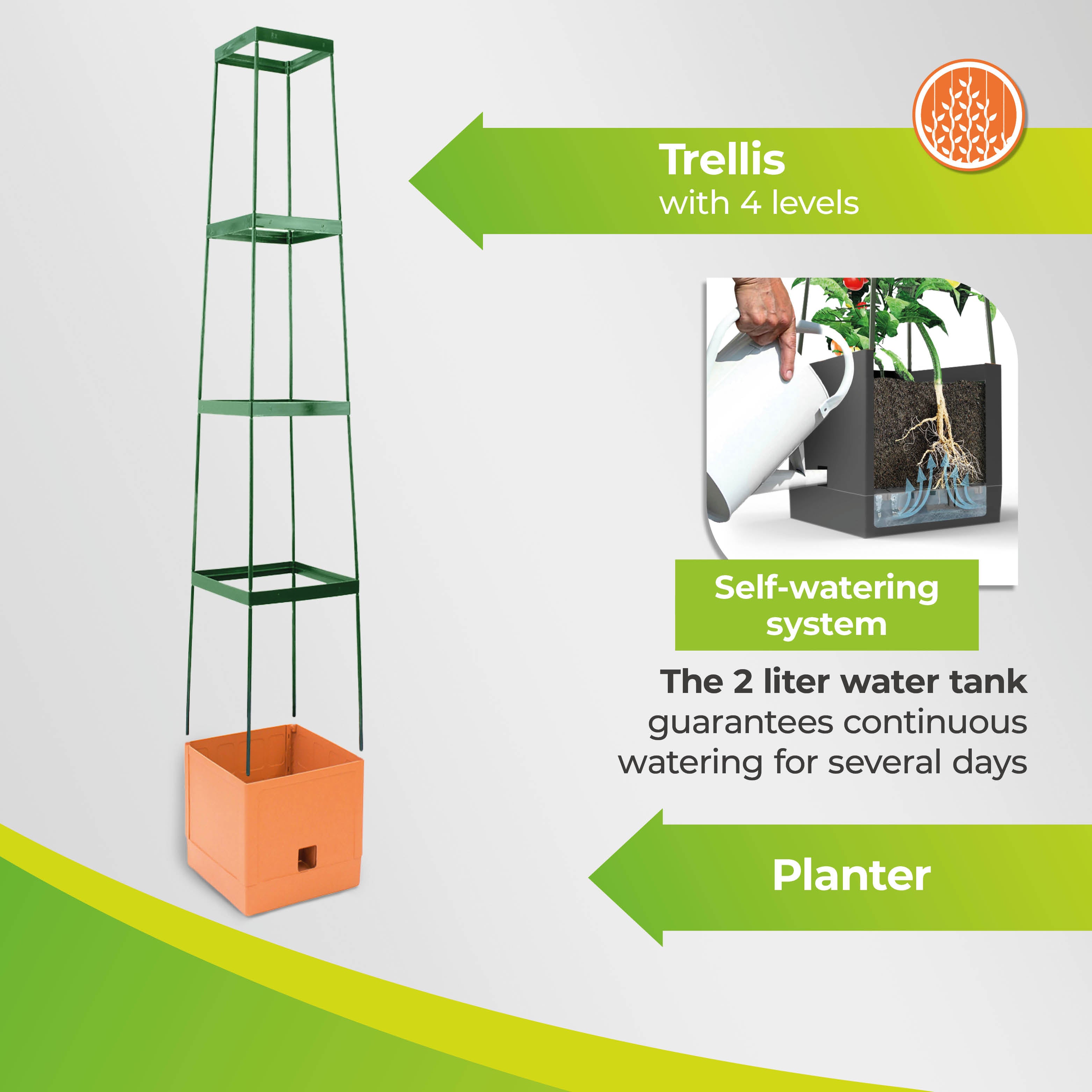 "Maxitom Plant Tower with four-level trellis and self-watering system featuring a 2-liter water tank, designed to ensure continuous watering for several days, perfect for growing climbing plants."