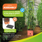 Maxitom planter box with trellis and integrated irrigation system, featuring a 16-liter capacity, ideal for climbing plants like tomatoes, cucumbers, beans, and peppers."