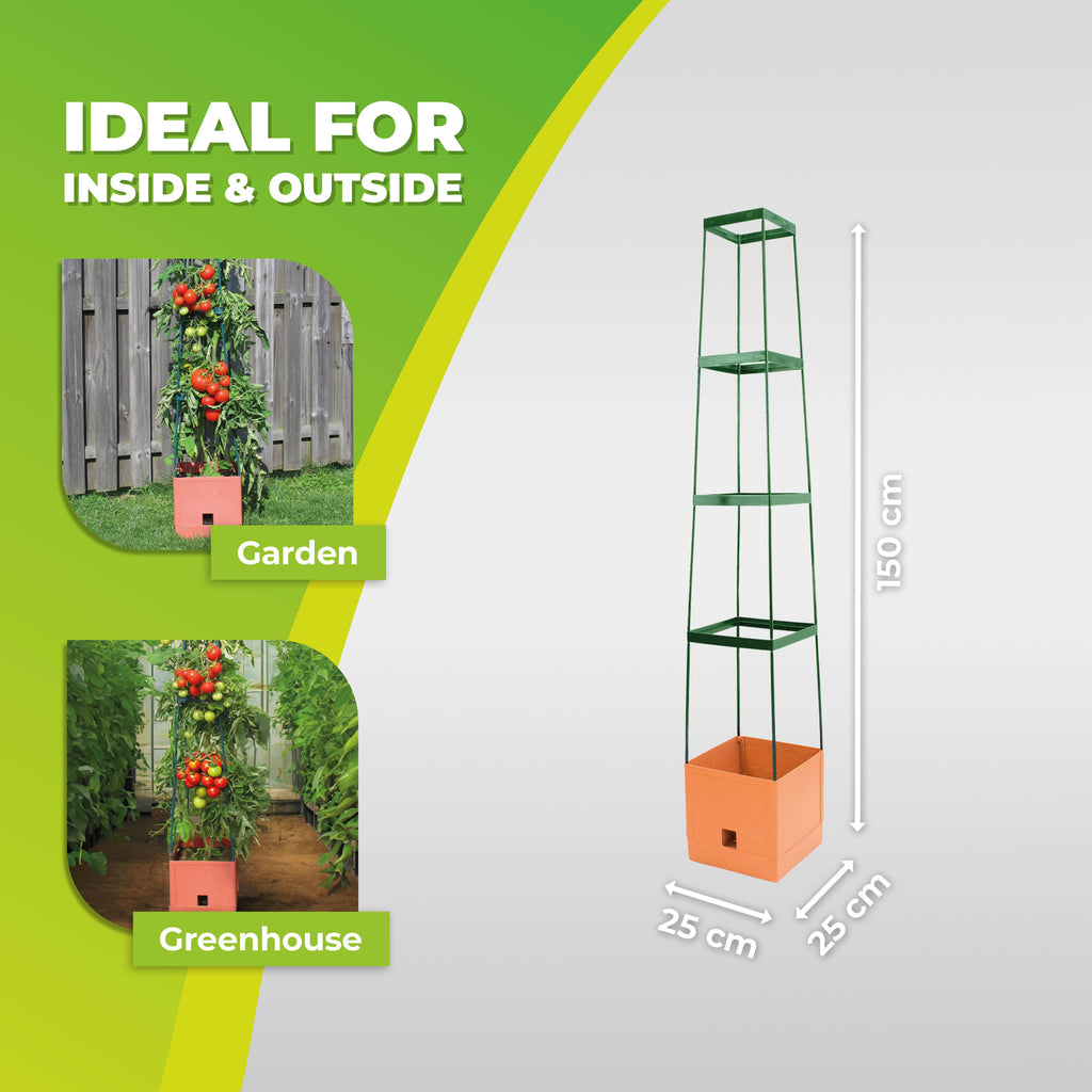 "Maxitom plant tower with a self-watering system, suitable for both garden and greenhouse use. The tower stands 150 cm tall and has a 25 cm width and depth, perfect for growing climbing plants like tomatoes."