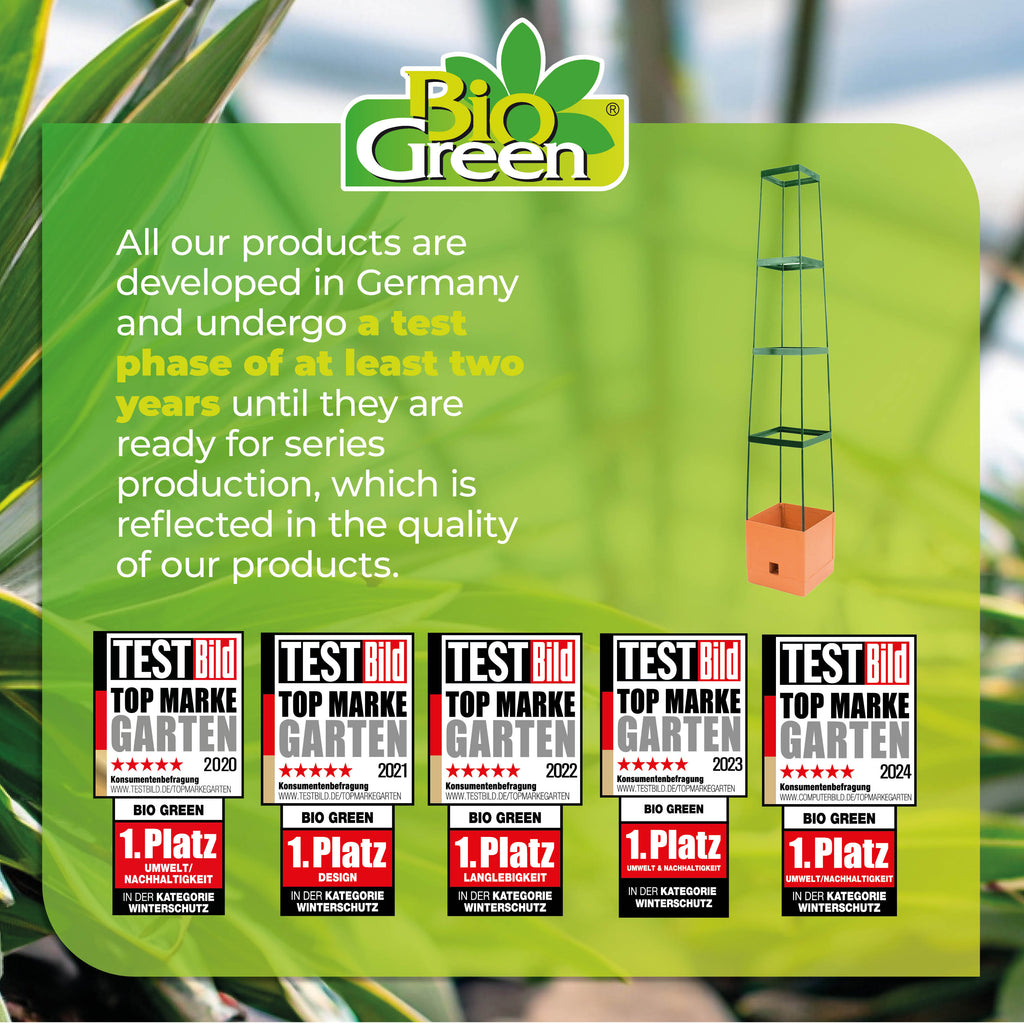 "Bio Green Maxitom plant tower, designed for climbing plants, featured alongside awards for product quality from TestBild. The tower is recognized for its durability, development in Germany, and top ranking in gardening products for multiple years."