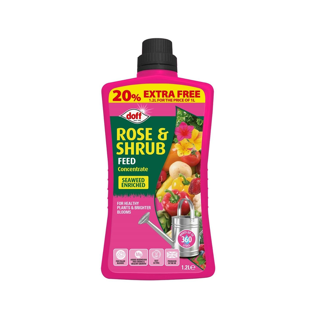 Doff Rose and Shrub Feed Concentrate 1.2L bottle, seaweed enriched liquid fertiliser for roses, shrubs, and flowering plants with 20% extra free label