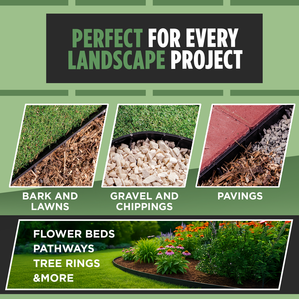 "Perfect for every landscape project, including bark and lawns, gravel and chippings, pavings, flower beds, pathways, tree rings, and more."