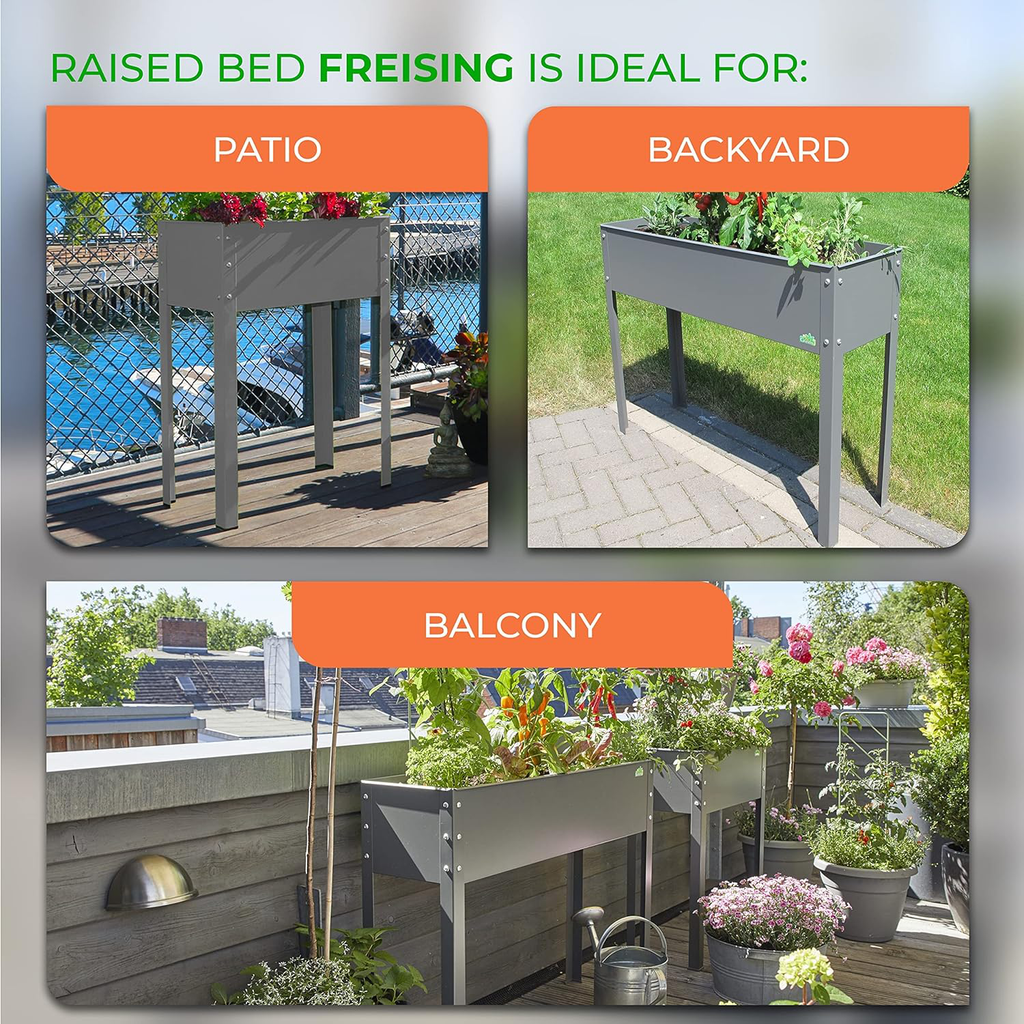 Biogreen Freising Metal Raised Bed – Ideal for Patio, Backyard, and Balcony – The image shows the Biogreen Freising Metal Raised Bed in three different settings: a patio with vibrant flowers, a backyard with plants, and a balcony with flowers in an elevated position. The raised bed is ideal for small spaces and outdoor environments, offering a stylish and ergonomic solution for gardening.
