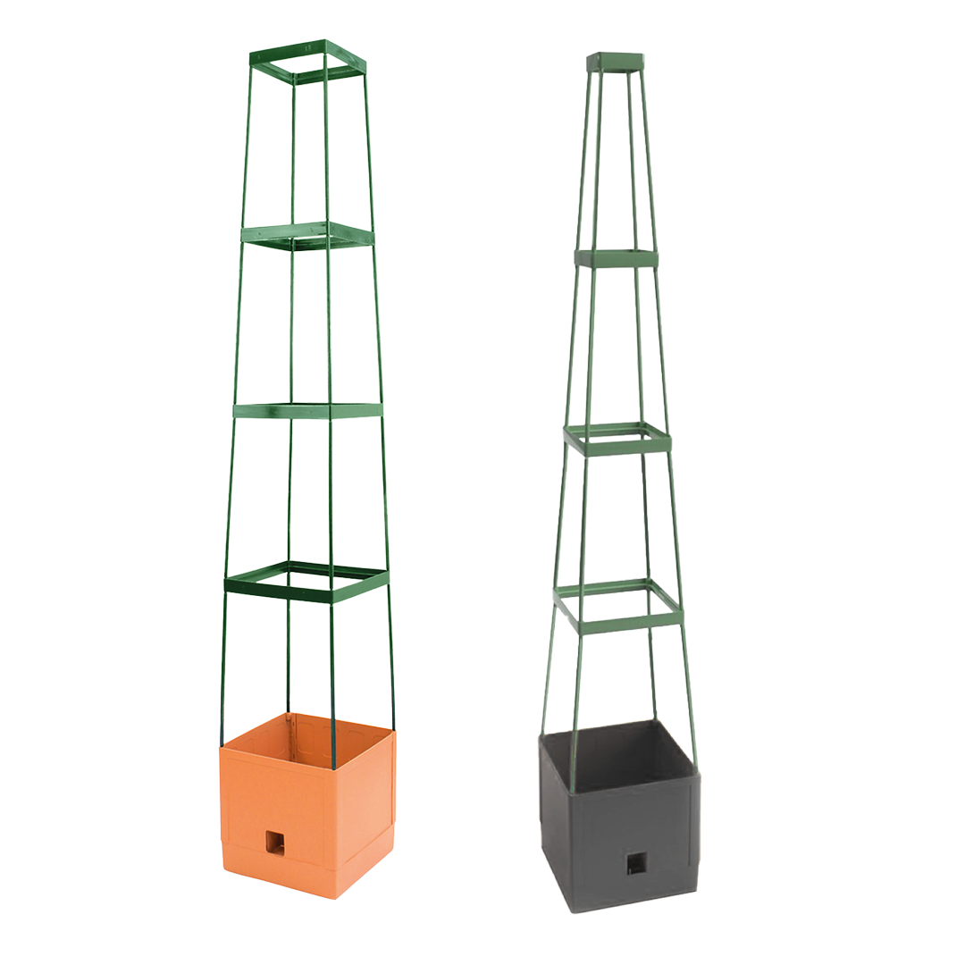 "Two Maxitom Plant Towers side by side, one with an orange base and the other with a dark gray base, designed for supporting climbing plants in the garden."