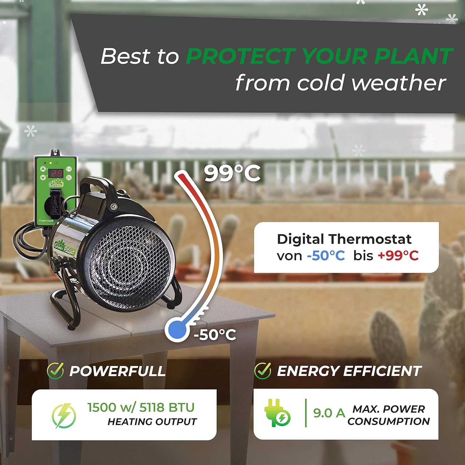 Bio Green Palma 2kW Greenhouse Heater with Thermo2 Digital Thermostat, 1500W heating output (5118 BTU) for efficient plant protection from cold weather, with a temperature range of -50°C to +99°C and energy-efficient operation.