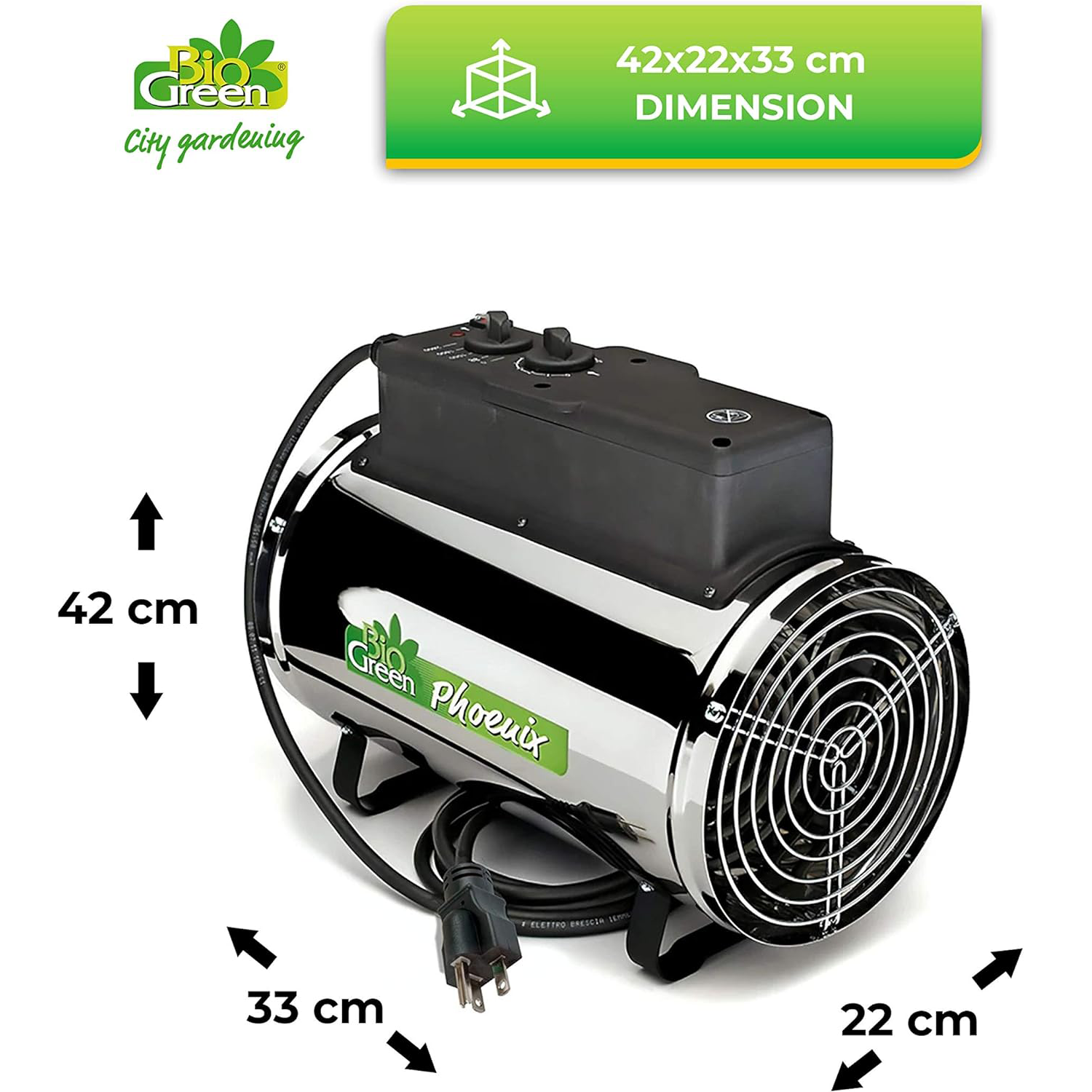 The Biogreen Phoenix 2.8kW Greenhouse Heater showing two different mounting options—hanging with included chains and placed on the floor with included brackets, designed for versatile installation in various greenhouse setups.