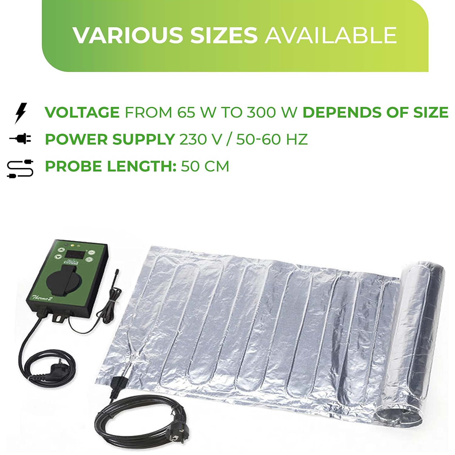 Bio Green Sahara Aluminium Heatmat with Thermo2 Digital Thermostat, voltage range from 65W to 300W, 230V power supply, and 50cm temperature sensor probe for hydroponic and indoor gardening.
