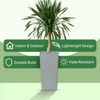 Moorgreen Malahide tall square planter grey ribbed design with plant, featuring indoor & outdoor use, lightweight design, durable build, and fade-resistant properties