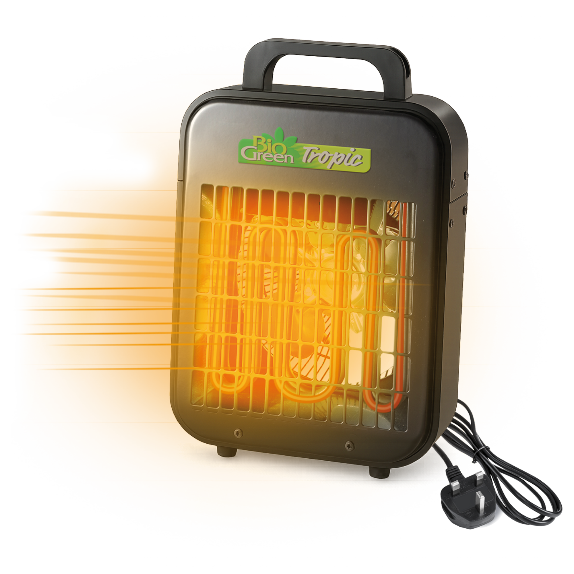 Biogreen Tropic 2kW portable heater with orange glowing heating element and fan, designed for greenhouse or room heating, showcasing the compact and durable design with a carry handle.