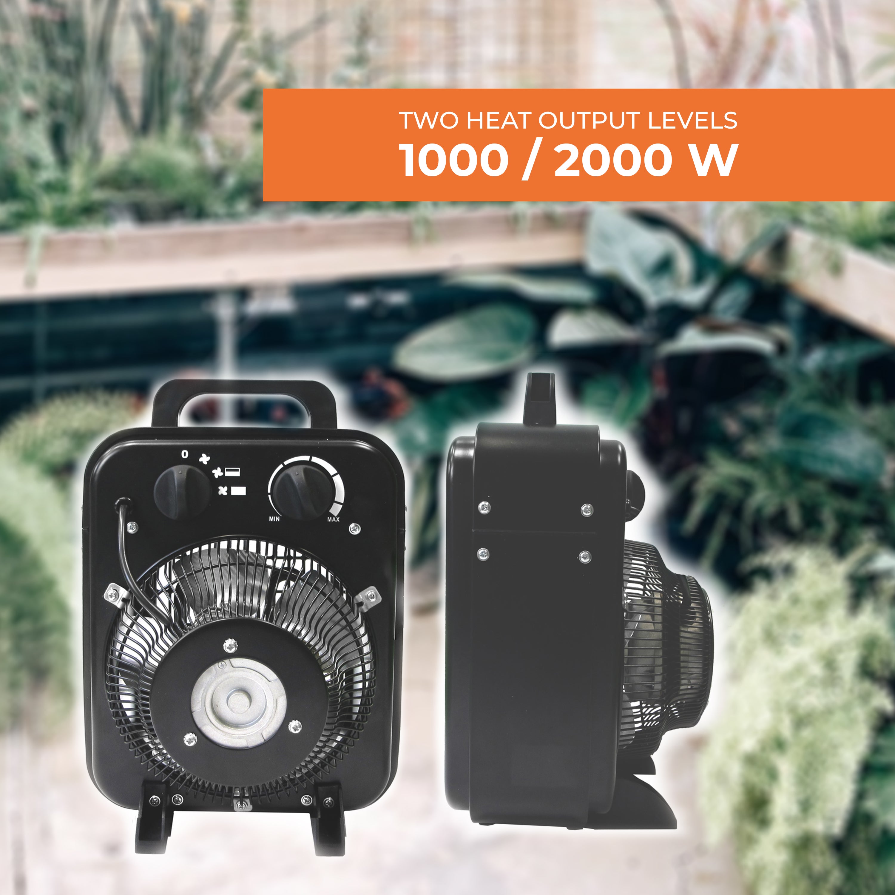 Biogreen Tropic 2kW portable heater featuring two adjustable heat output levels (1000W and 2000W) in a greenhouse environment, with visible controls for temperature adjustment.