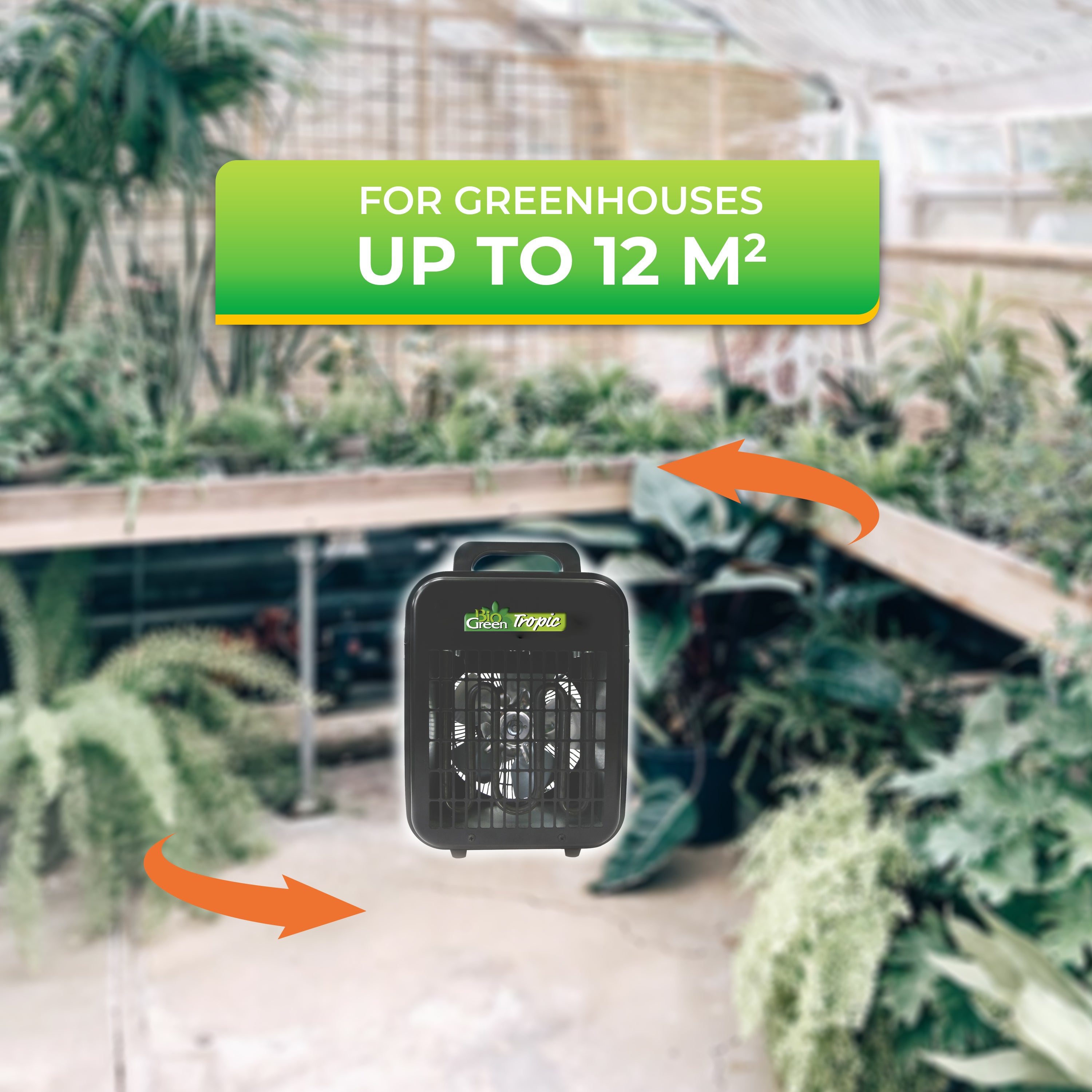 Biogreen Tropic 2kW portable heater designed for greenhouses up to 12m², placed in a well-planted indoor greenhouse environment with lush greenery in the background.