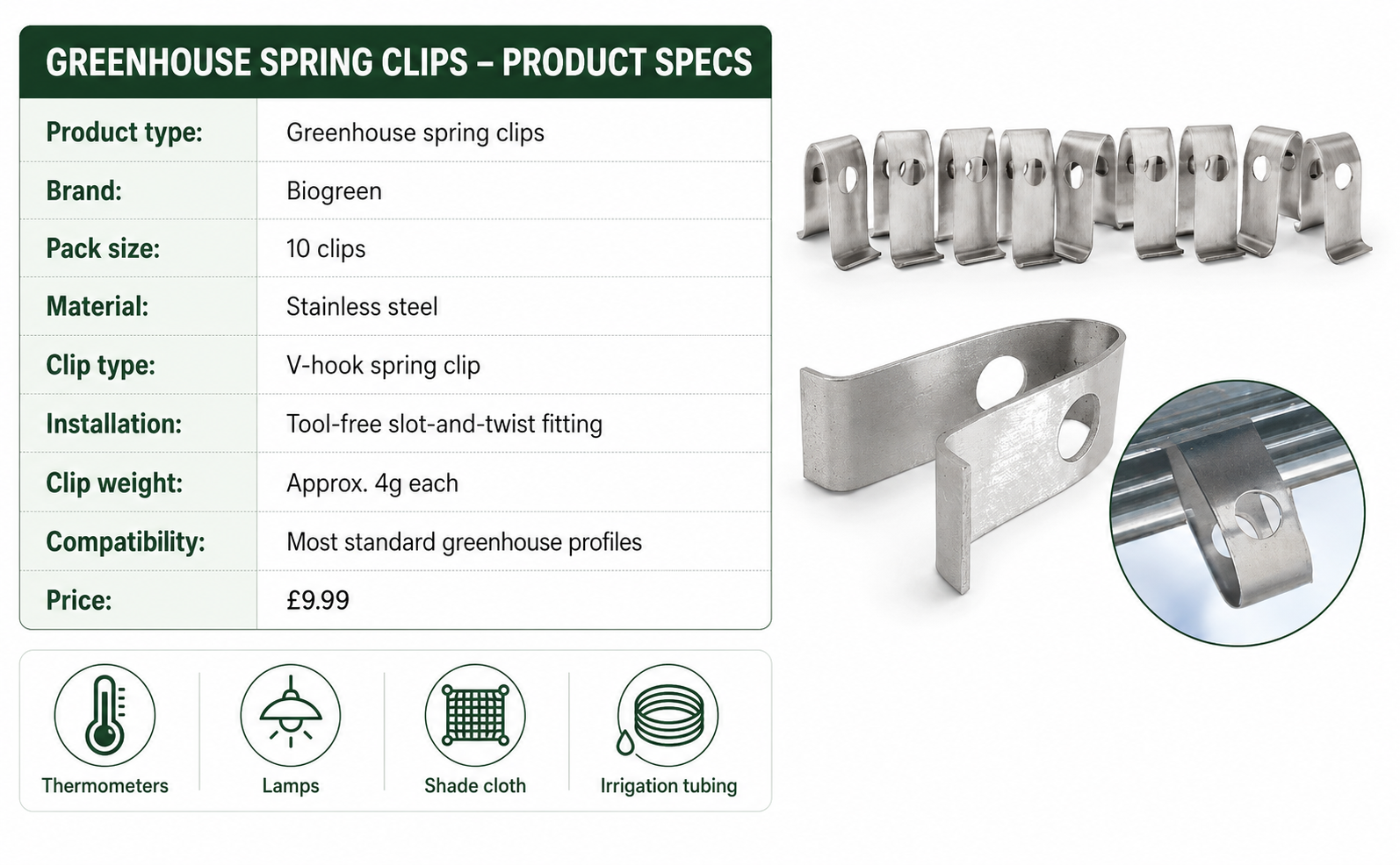 Biogreen VH Greenhouse Spring Clips – Stainless Steel