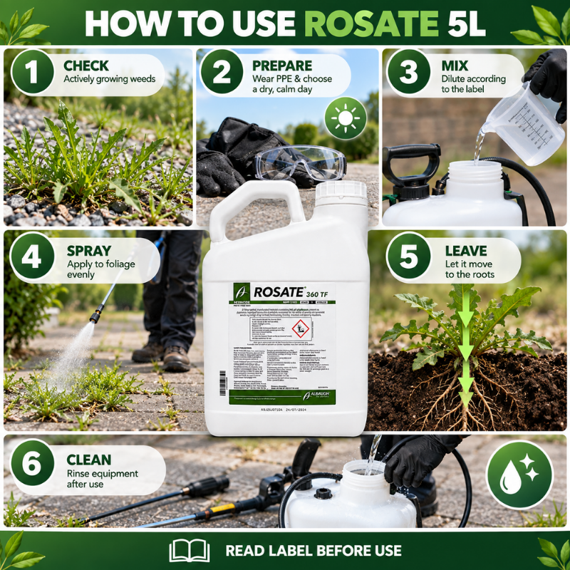 How to use Rosate 360 TF 5L weed killer including preparation mixing spraying and equipment cleaning
