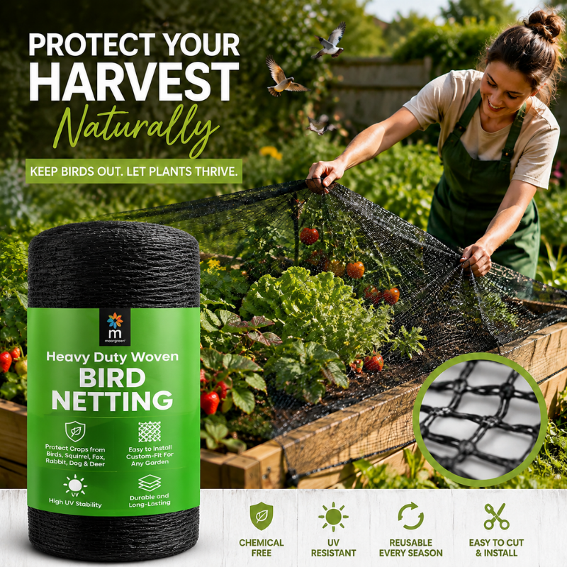 Moorgreen heavy duty bird netting protecting strawberries and garden crops with reusable UV resistant mesh