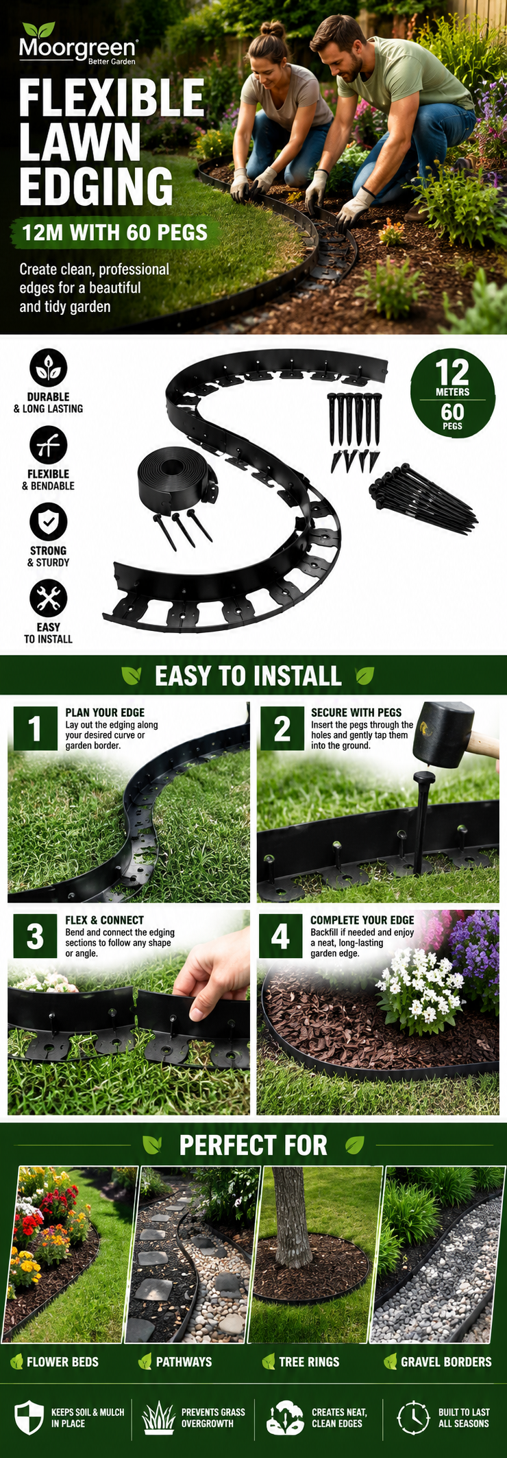 Moorgreen Flexible Lawn Edging – 12m with 60 Pegs