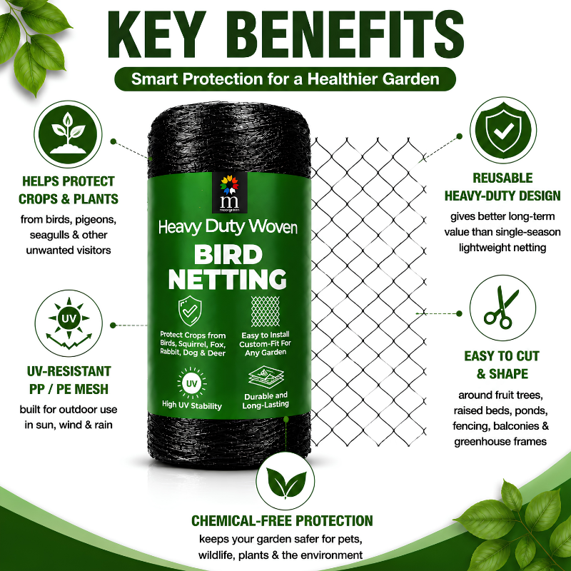 Moorgreen heavy duty bird netting compared with standard garden netting showing stronger reusable UV resistant woven mesh