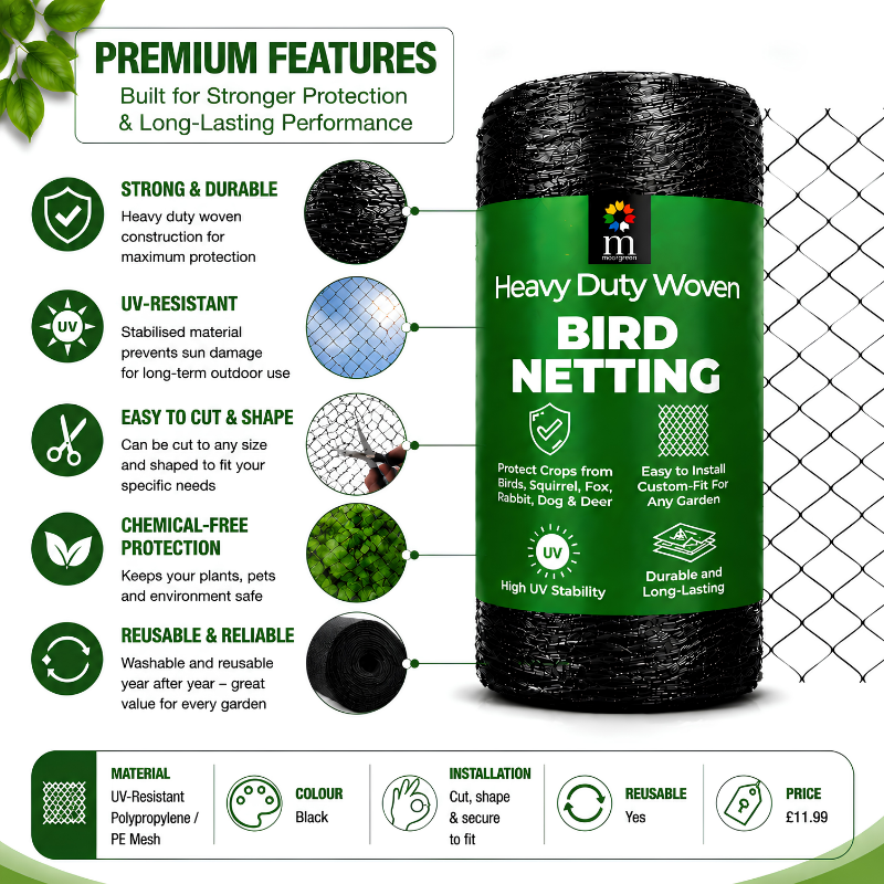 Moorgreen heavy duty bird netting key benefits including UV resistant reusable garden mesh for protecting crops and plants from birds