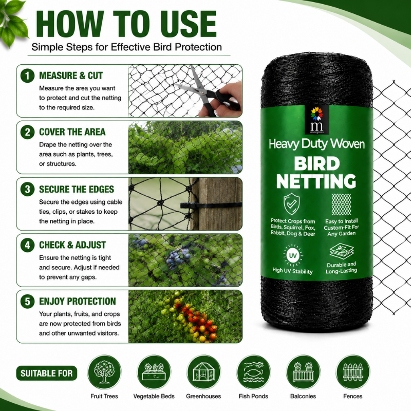Moorgreen heavy duty bird netting premium features showing durable UV resistant reusable garden mesh that is easy to cut and shape