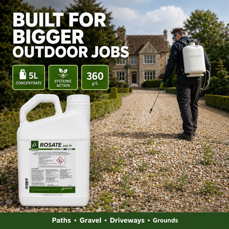Rosate 360 TF 5L used for professional weed control and maintenance of large gravel outdoor areas