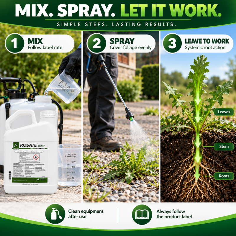 Rosate 360 TF 5L mixing and spraying guide showing systemic weed control from leaves through stems to roots