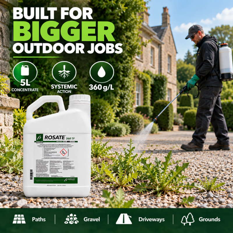 Professional applying Rosate 360 TF 5L weed killer to weeds on a large gravel property