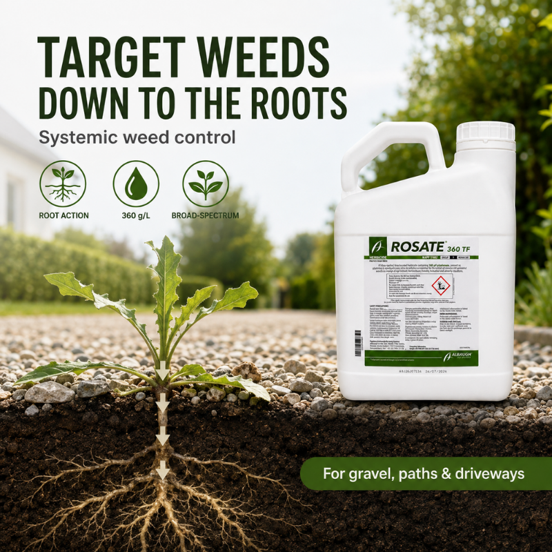 Rosate 360 TF 5L systemic weed killer showing root action for weeds on gravel paths and driveways