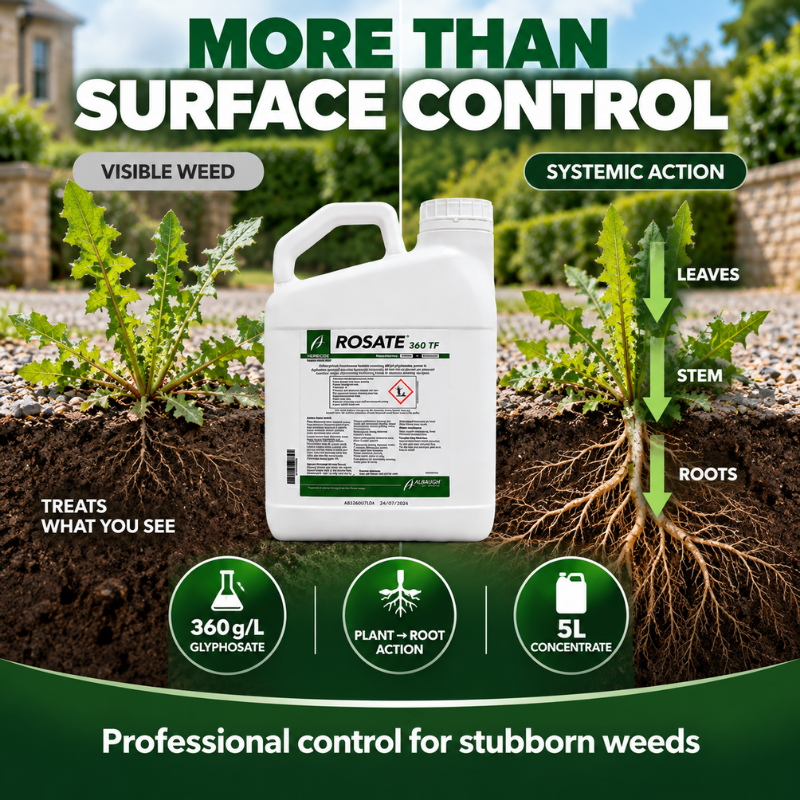 Rosate 360 TF 5L systemic weed killer showing glyphosate movement from leaves and stems down to weed roots